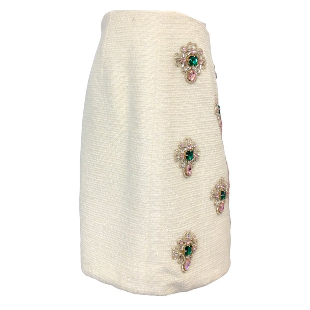 CAROLINA HERRERA IVORY MULTI JEWEL EMBELLISHED BOUCLE SKIRT - Picture 2 of 3